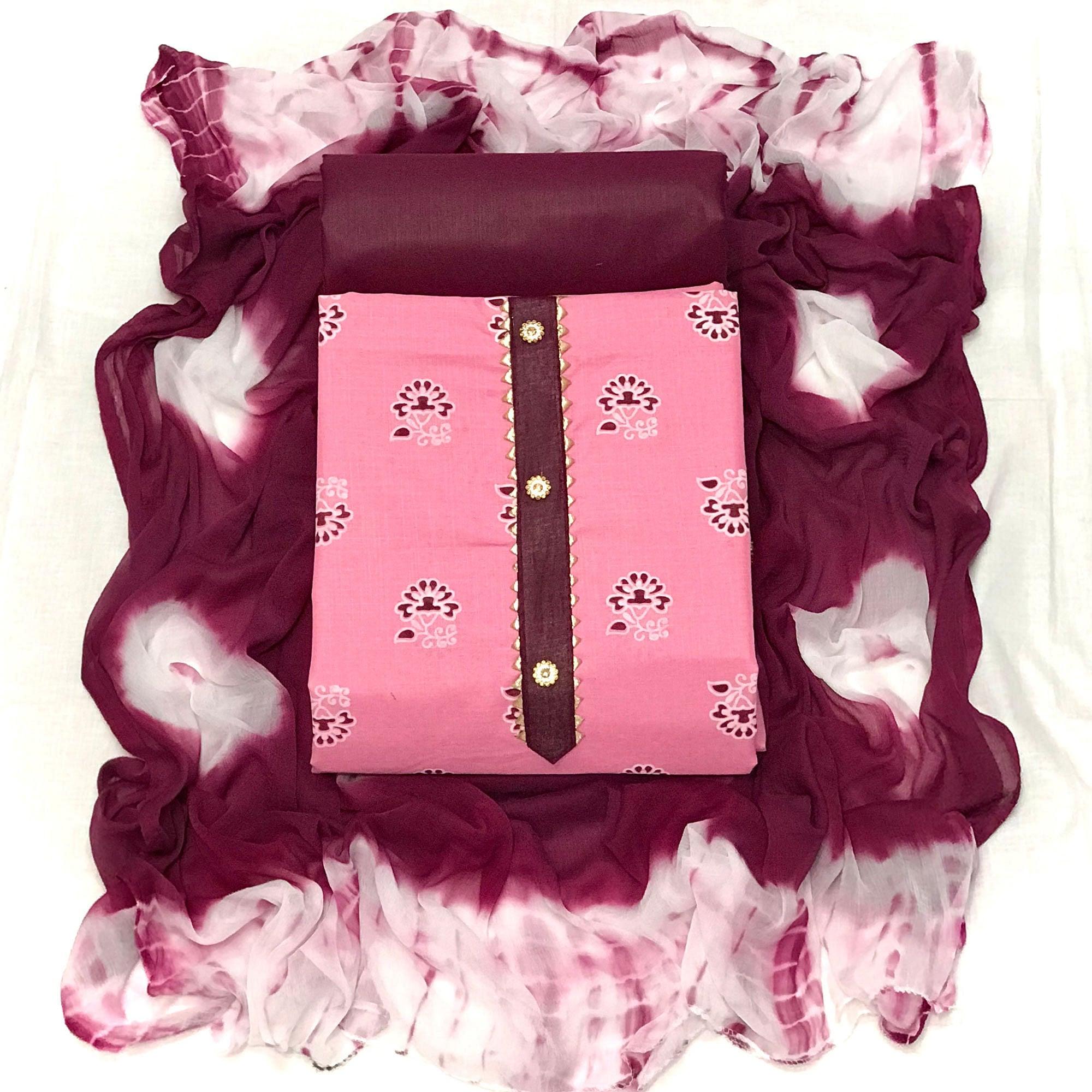 Baby Pink Casual Wear Printed Cotton Dress Material - Peachmode