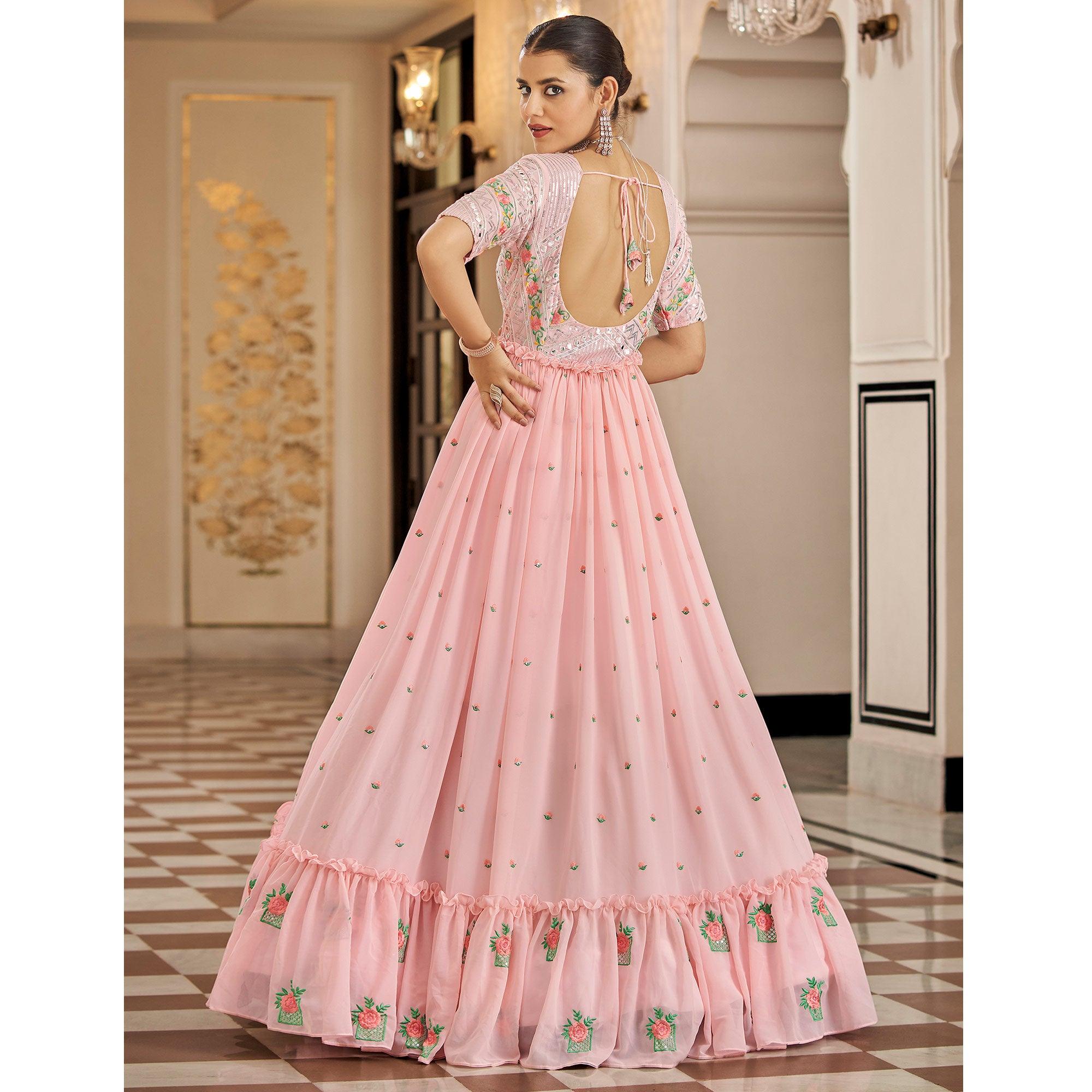 Baby Pink Embroidered Georgette Gown - Peachmode