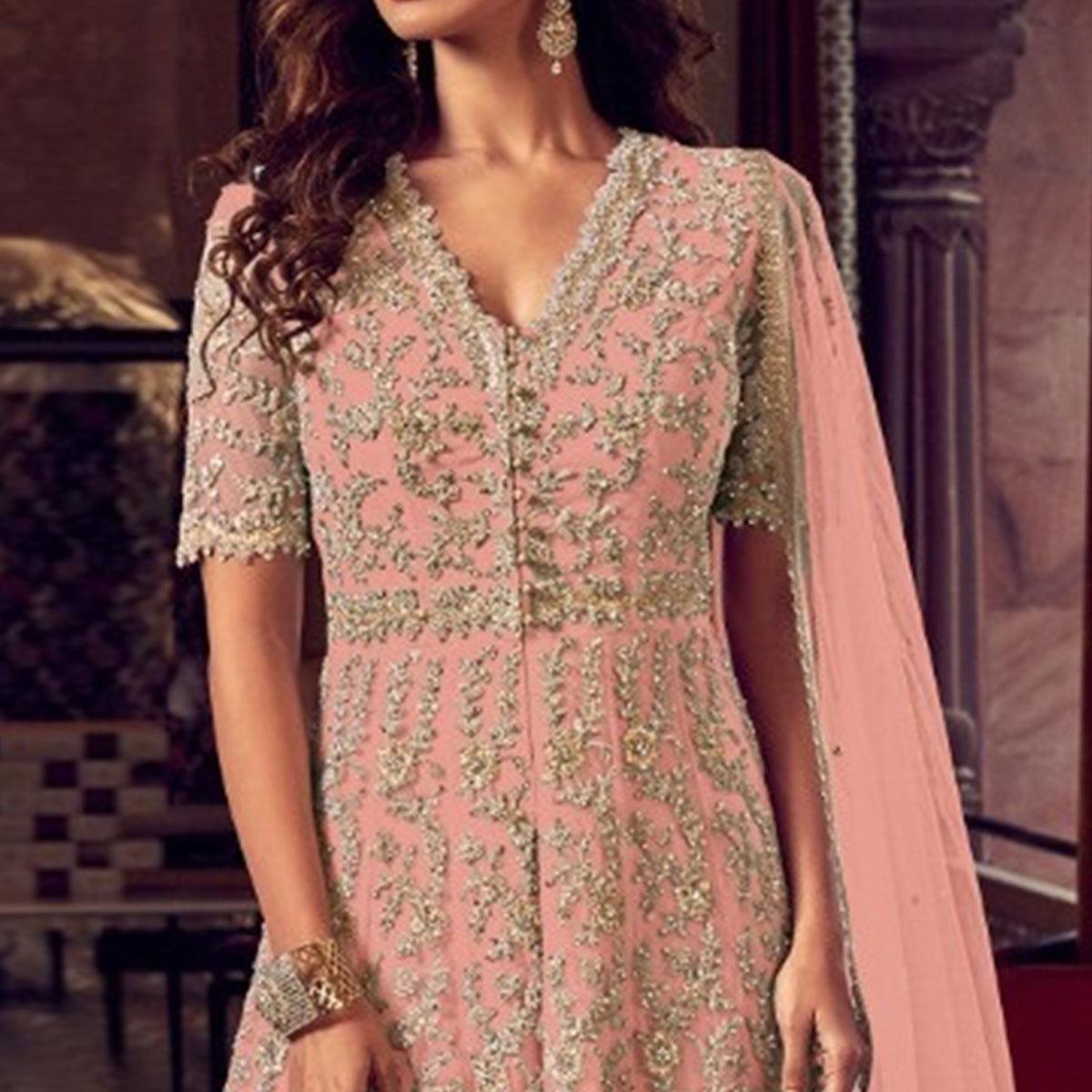Baby Pink Embroidered Indo Western Style Net - Georgette Sharara Suit - Peachmode
