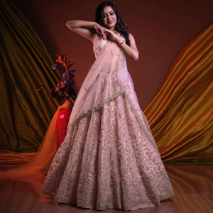 Baby Pink Embroidered Netted Lehenga Choli - Peachmode