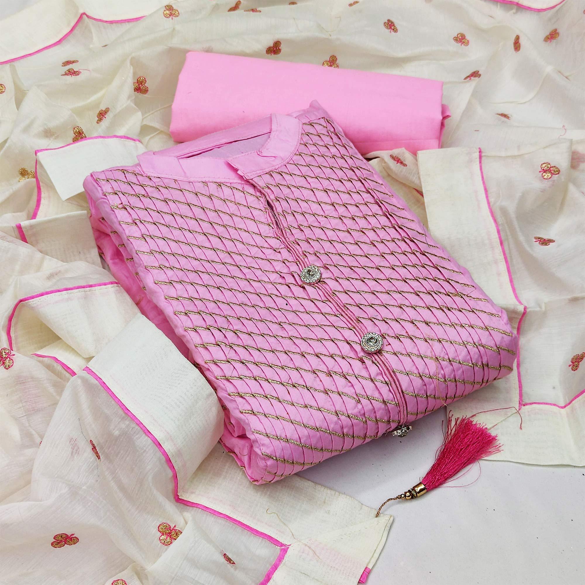 Baby Pink Festive Wear Embroidered Cotton Dress Material - Peachmode