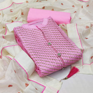 Baby Pink Festive Wear Embroidered Cotton Dress Material - Peachmode