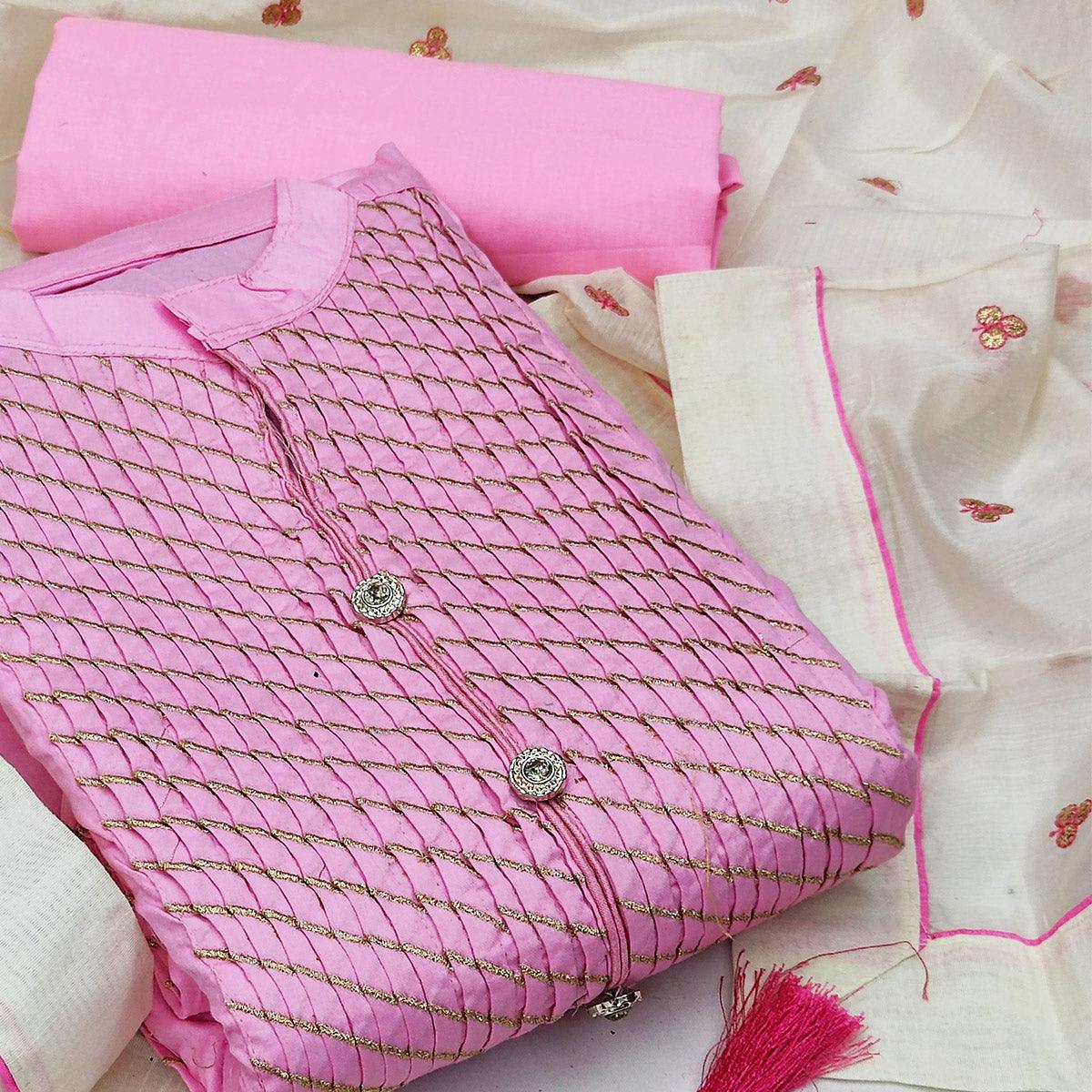 Baby Pink Festive Wear Embroidered Cotton Dress Material - Peachmode