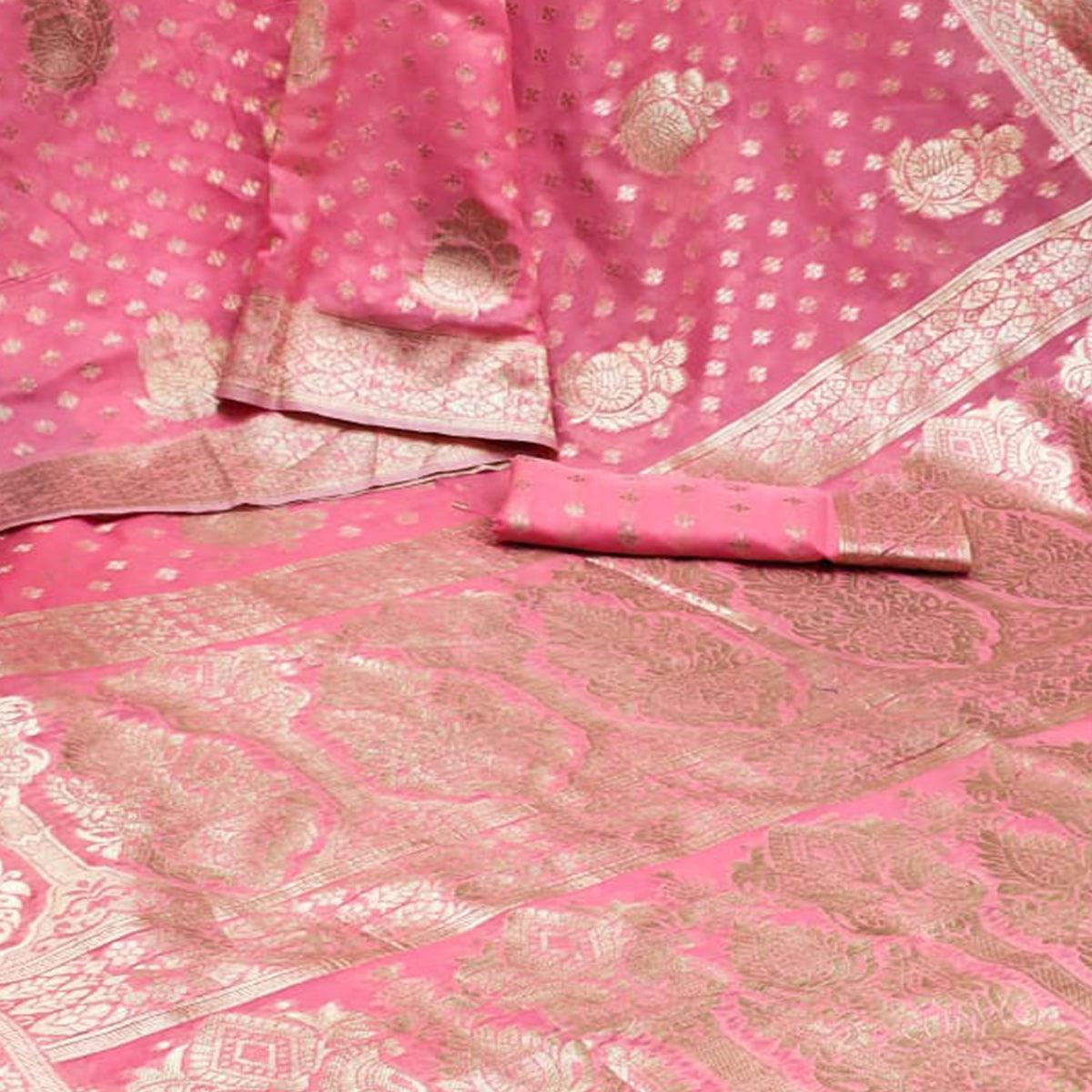Baby Pink Festive Wear Woven Jacquard Silk Saree - Peachmode