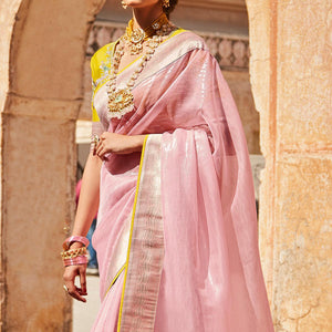 Baby Pink Festive Wear Woven Silk Saree - Peachmode