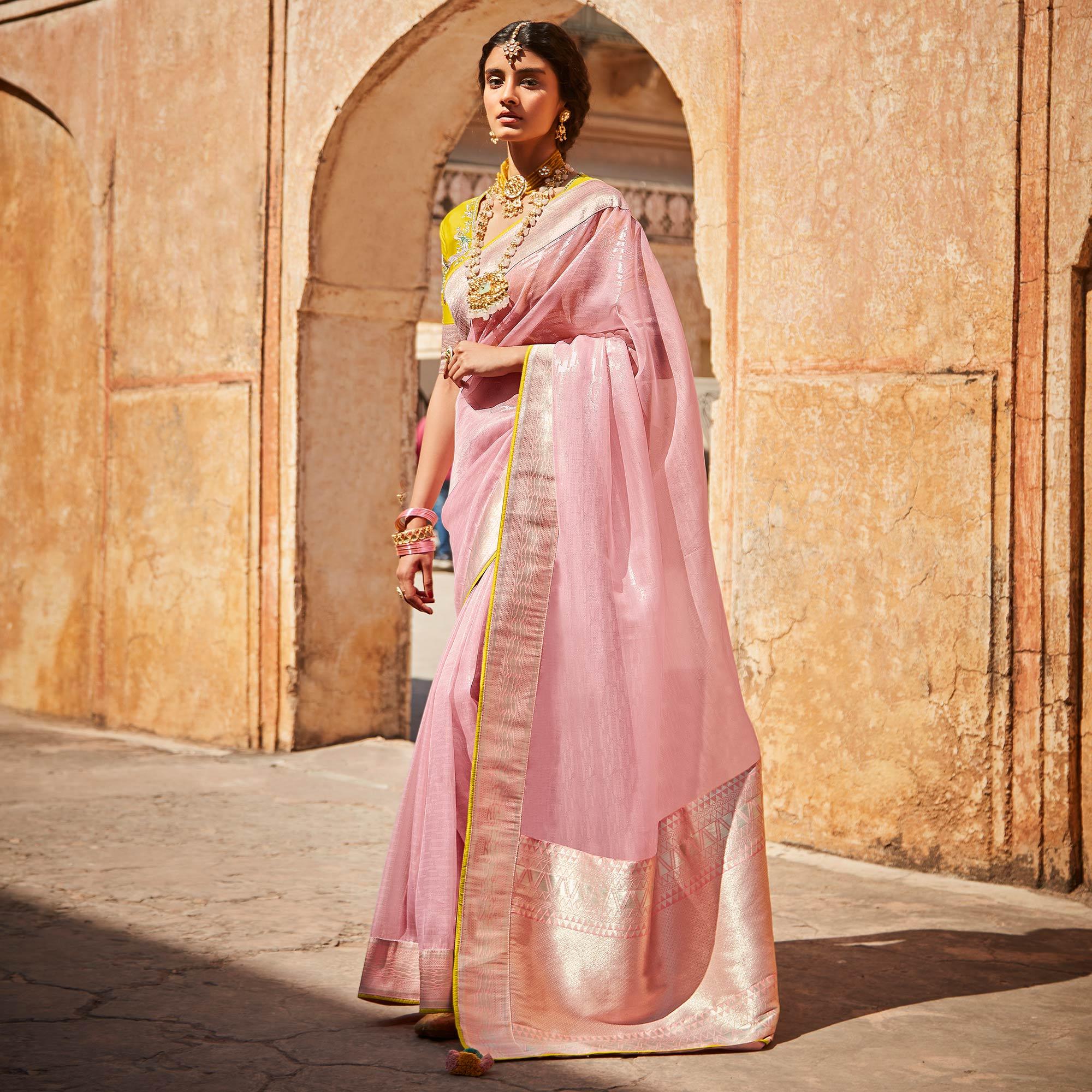 Baby Pink Festive Wear Woven Silk Saree - Peachmode