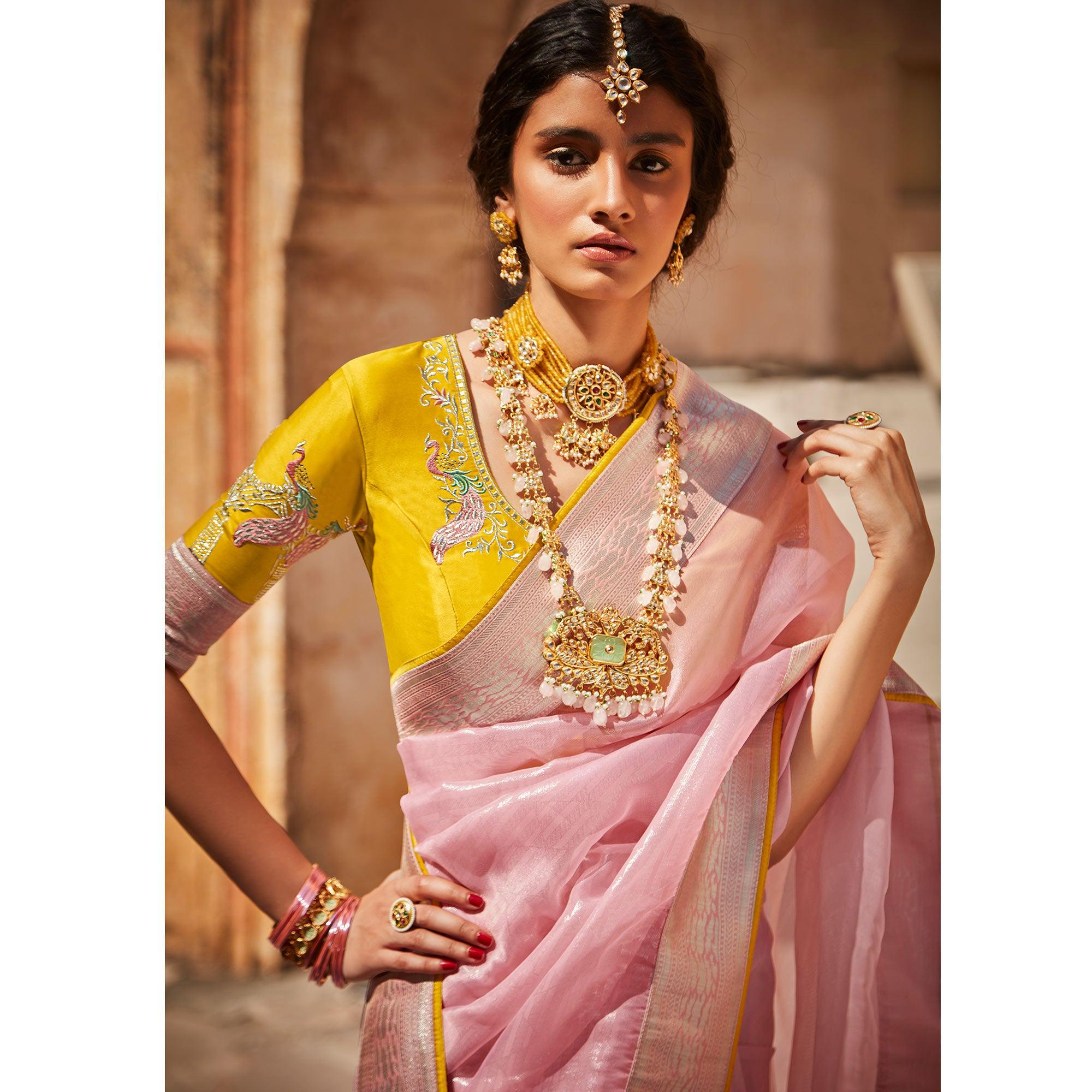 Baby Pink Festive Wear Woven Silk Saree - Peachmode