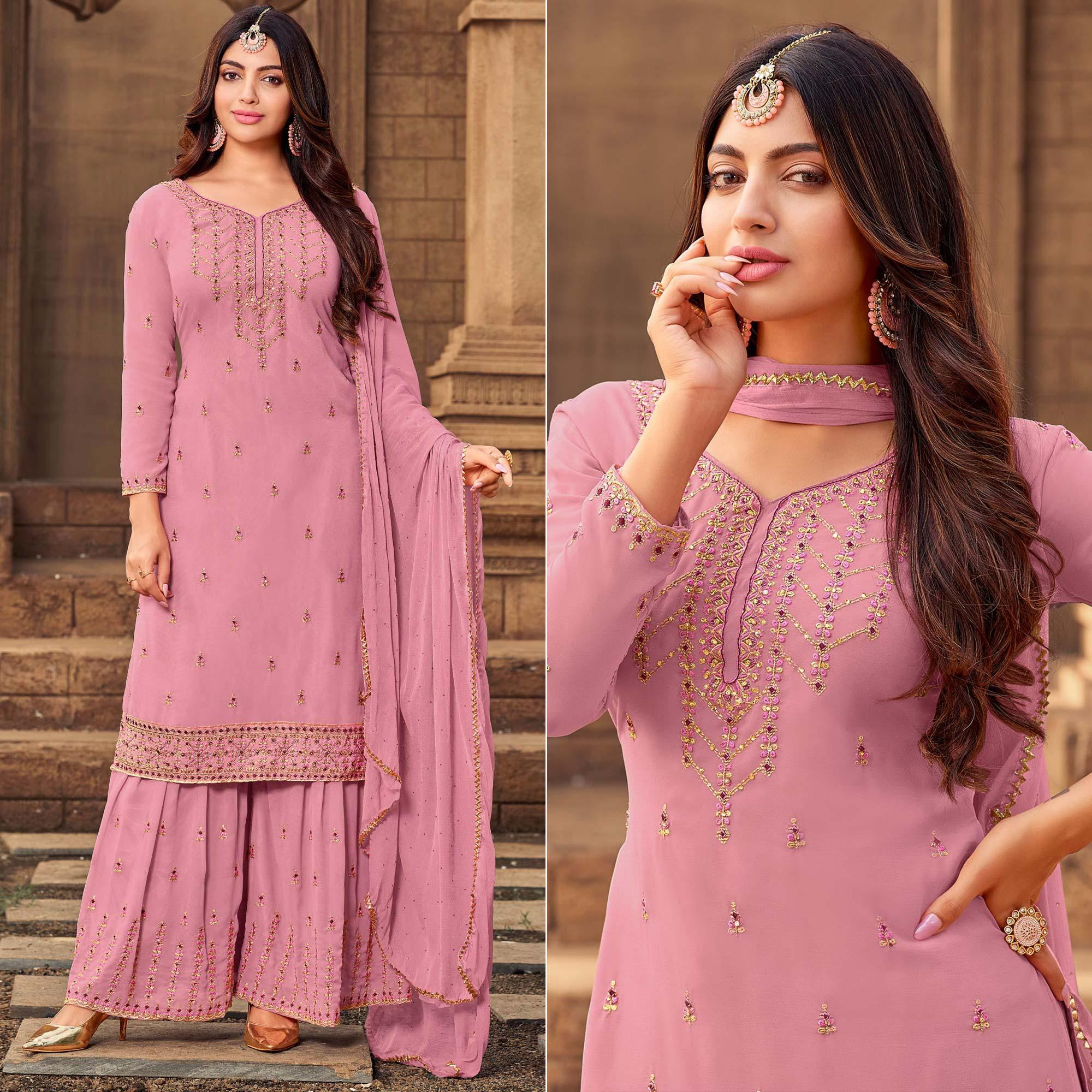 Baby Pink Party Wear Embroidered & Embellished Georgette Palazzo Suit