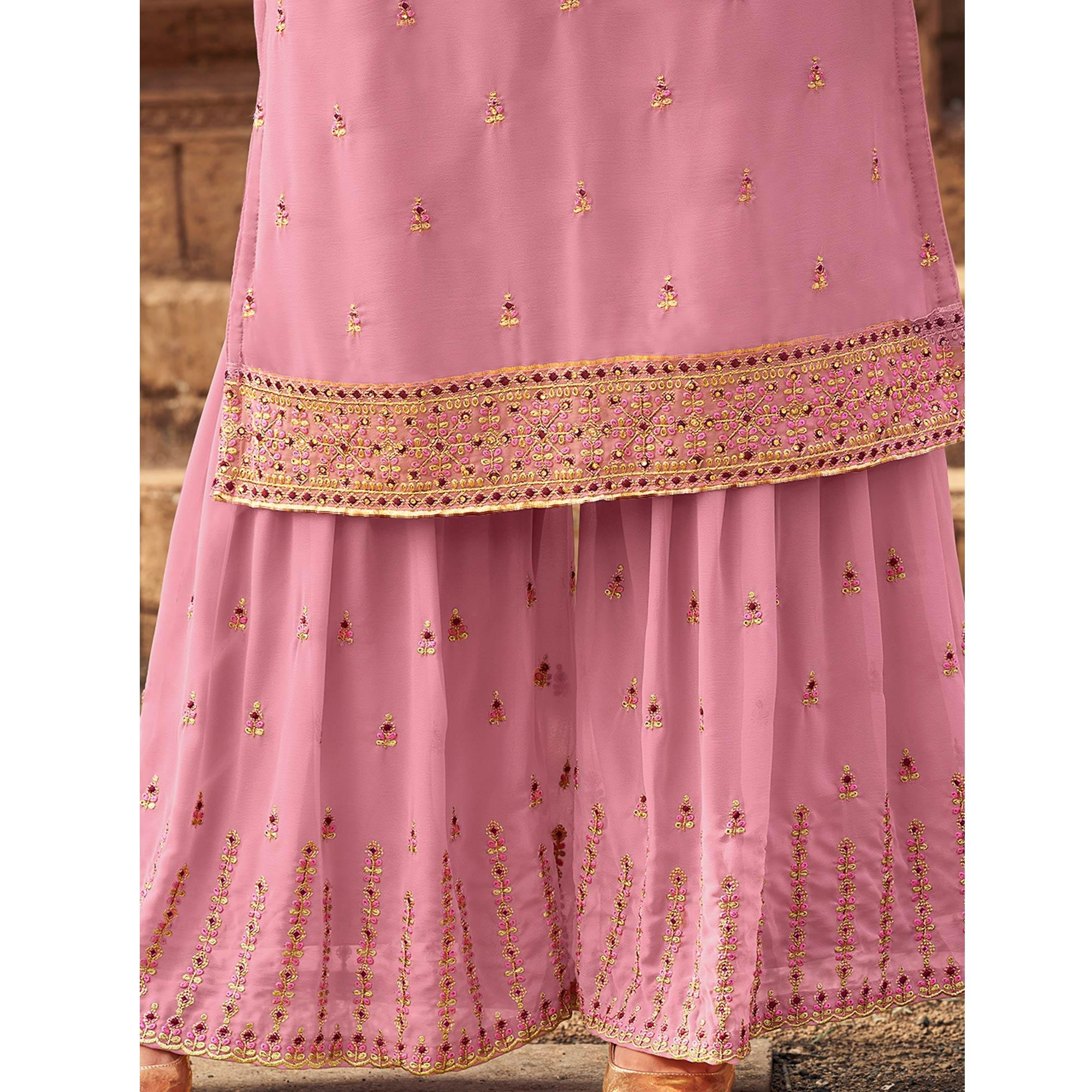 Baby Pink Party Wear Embroidered & Embellished Georgette Palazzo Suit - Peachmode