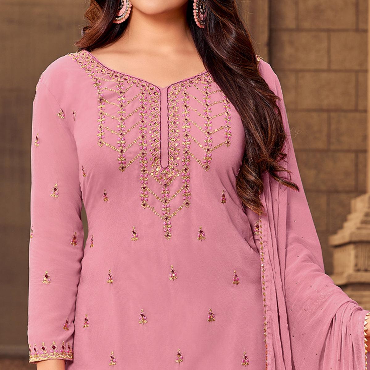 Baby Pink Party Wear Embroidered & Embellished Georgette Palazzo Suit - Peachmode