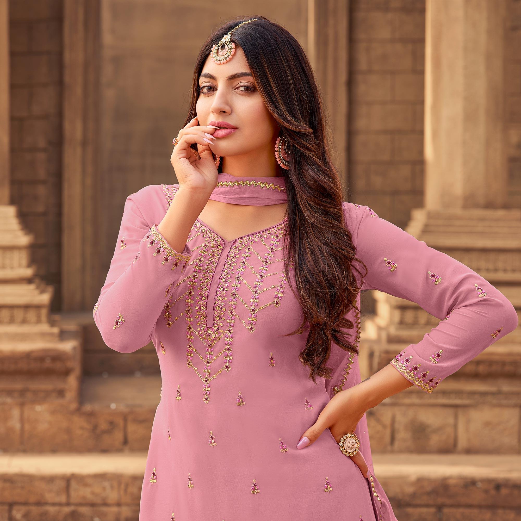 Baby Pink Party Wear Embroidered & Embellished Georgette Palazzo Suit - Peachmode