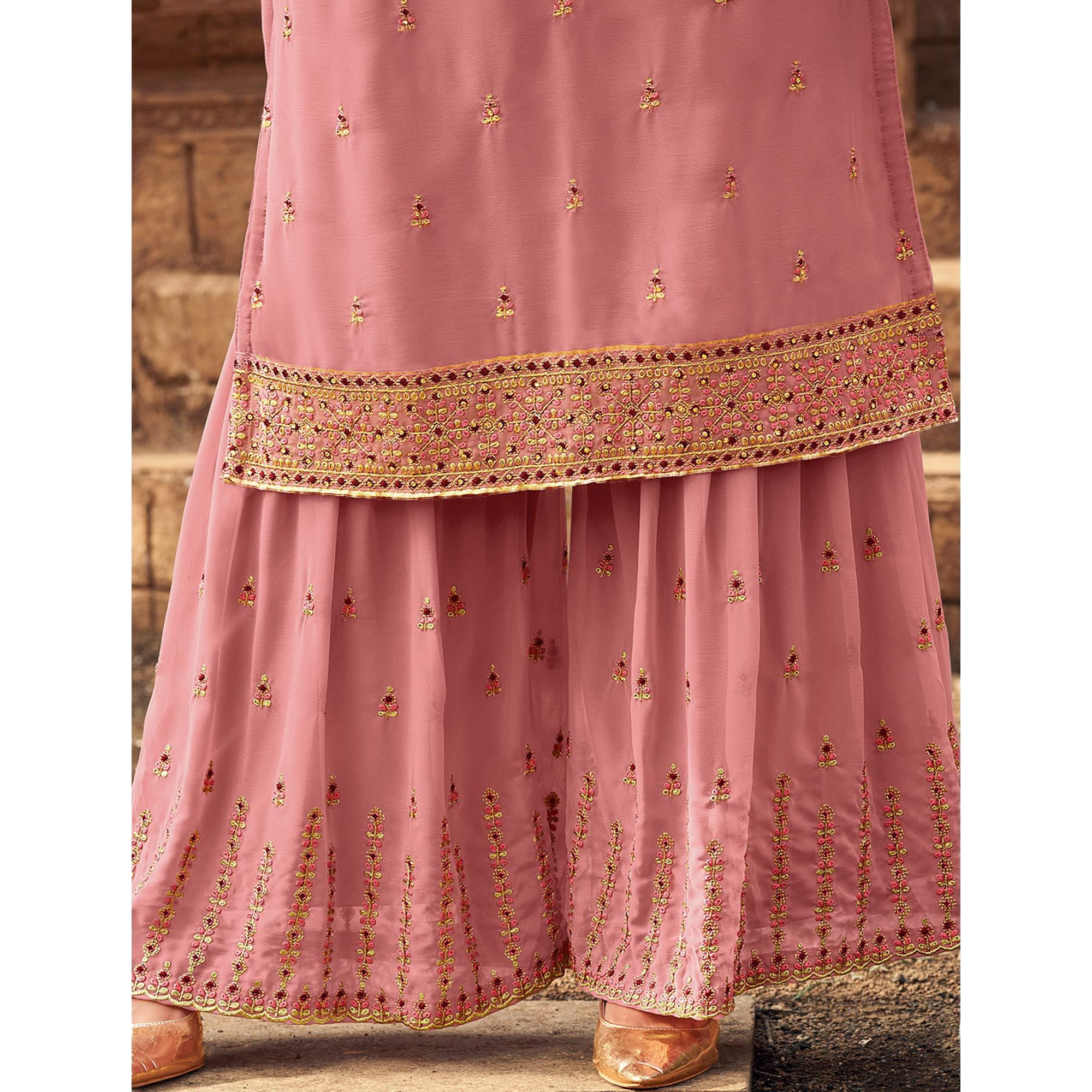 Baby Pink Party Wear Embroidered & Embellished Georgette Palazzo Suit - Peachmode