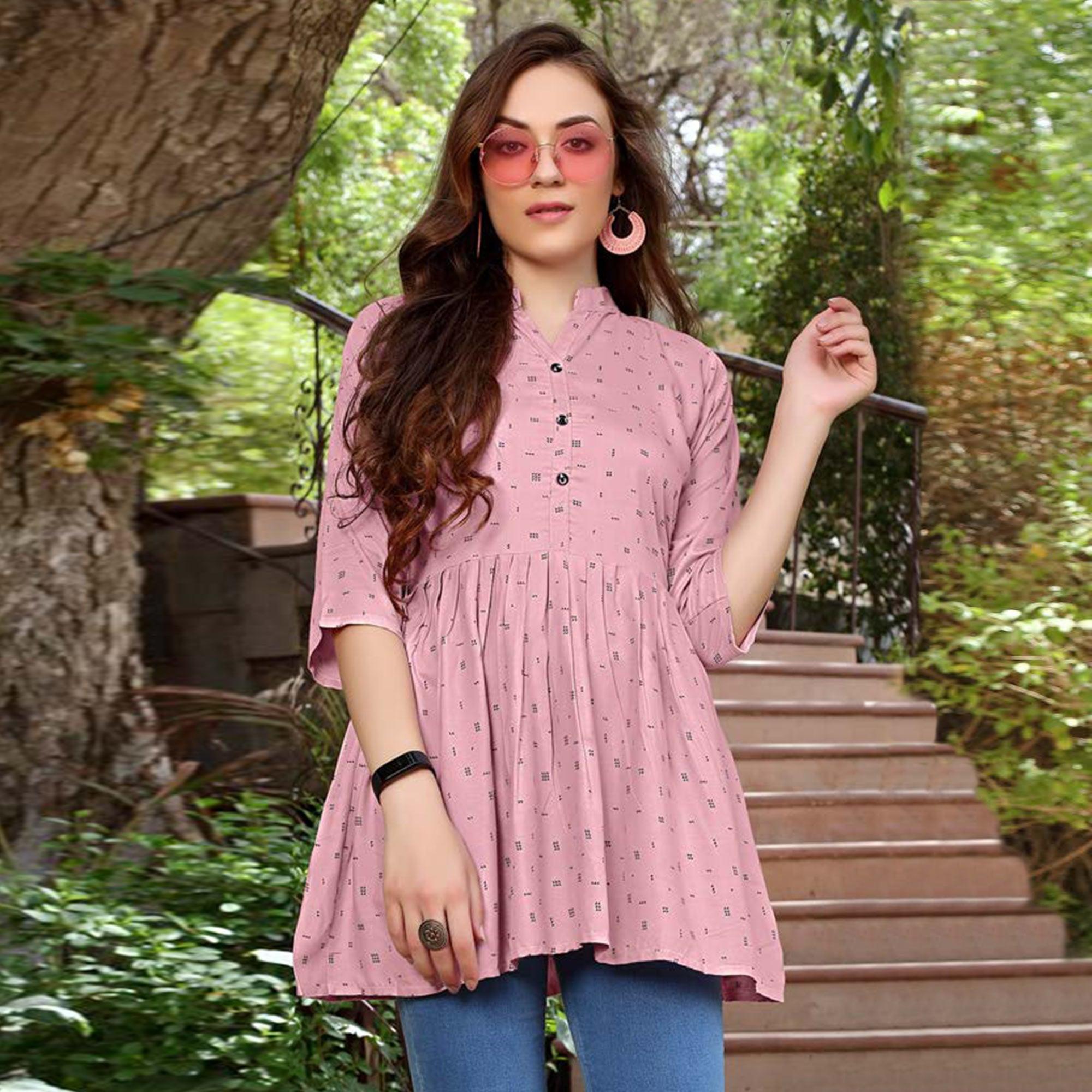 Baby Pink Printed Poly Cotton Top - Peachmode