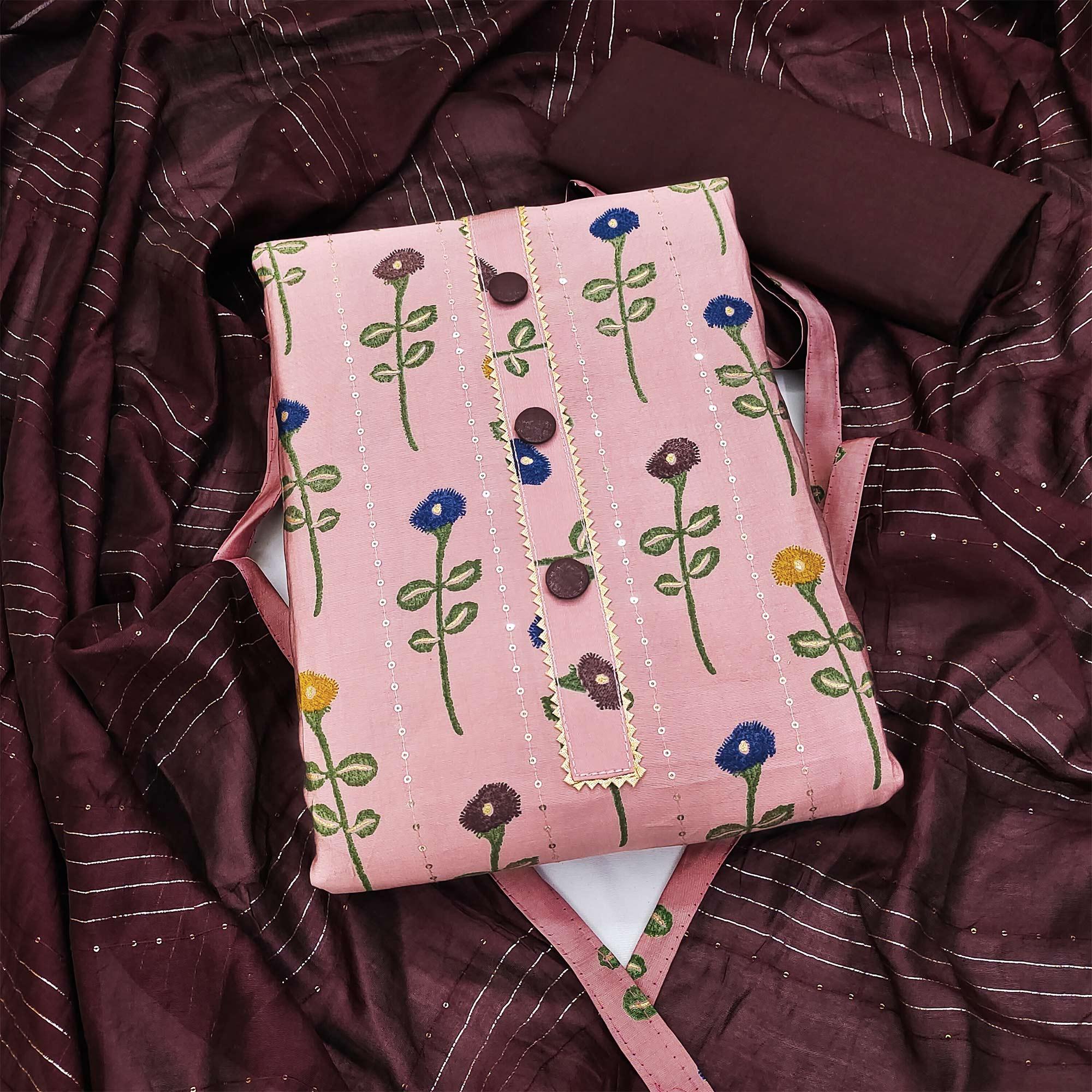 Baby Pink Printed-Sequins Work Pure Cotton Dress Material - Peachmode