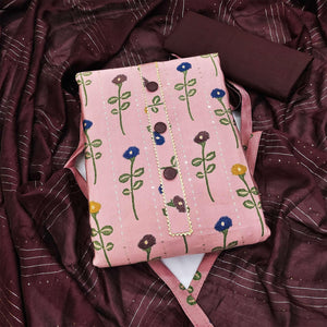 Baby Pink Printed-Sequins Work Pure Cotton Dress Material - Peachmode