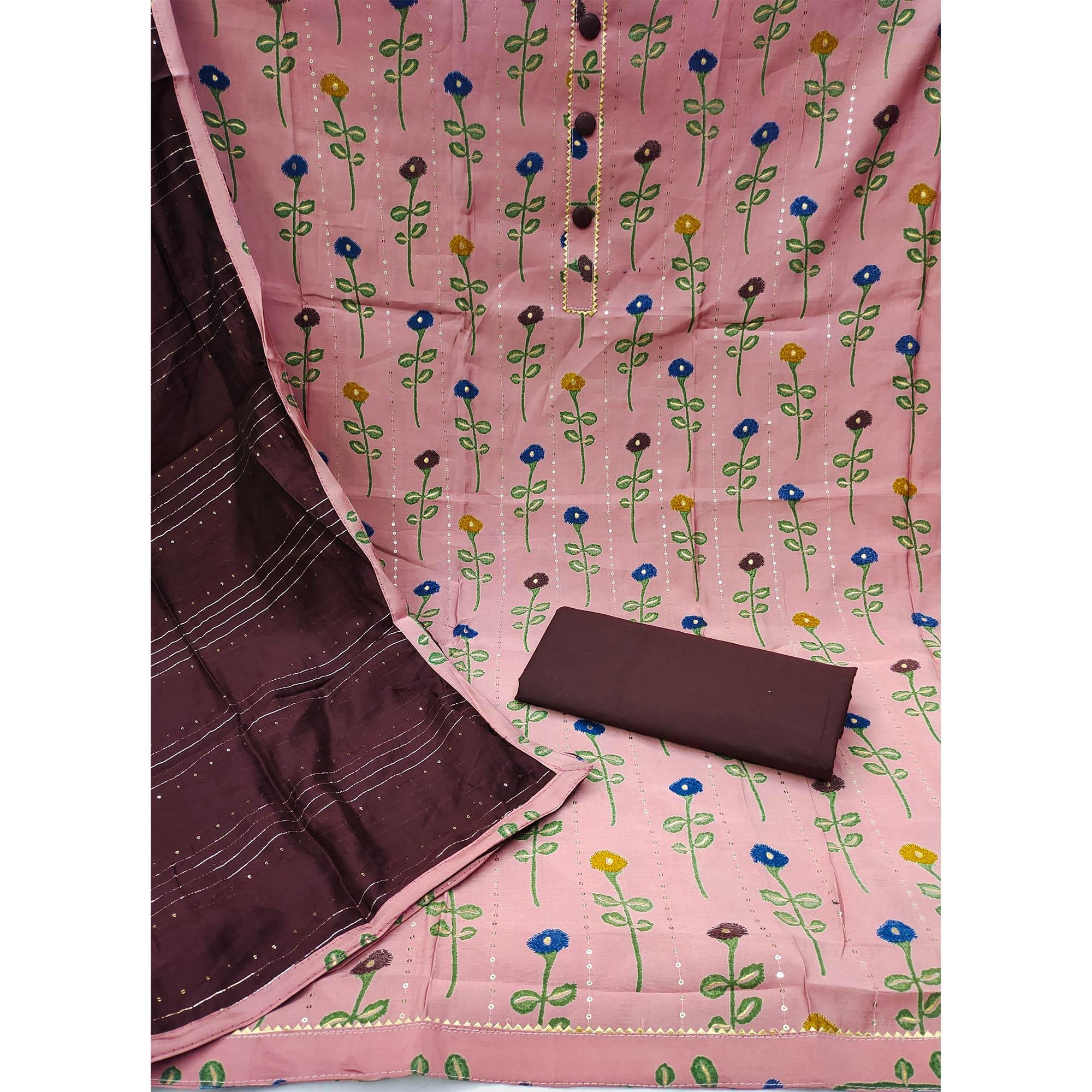 Baby Pink Printed-Sequins Work Pure Cotton Dress Material - Peachmode