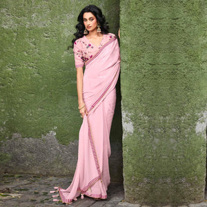 Baby Pink Printed With Gota Patti Border Georgette Saree - Peachmode
