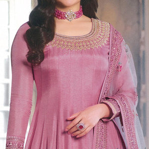 Baby Pink Sequence Embroidered Dola Silk Anarkali Style Gown - Peachmode