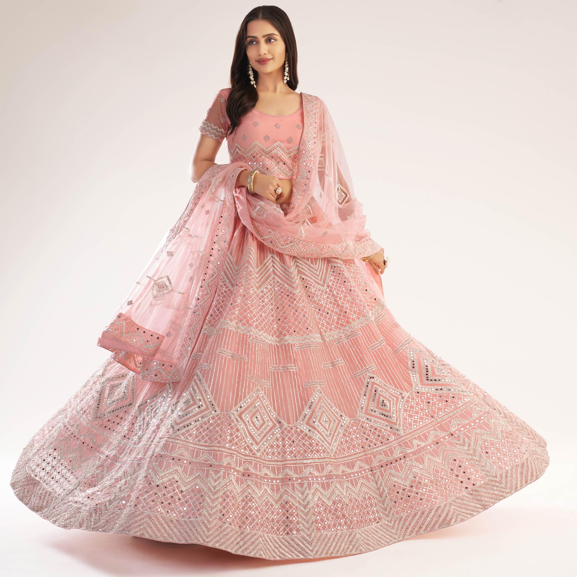 Baby Pink Wedding Wear Embellished Heavy Butterfly Net Lehenga Choli - Peachmode