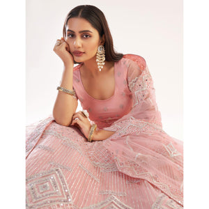 Baby Pink Wedding Wear Embellished Heavy Butterfly Net Lehenga Choli - Peachmode