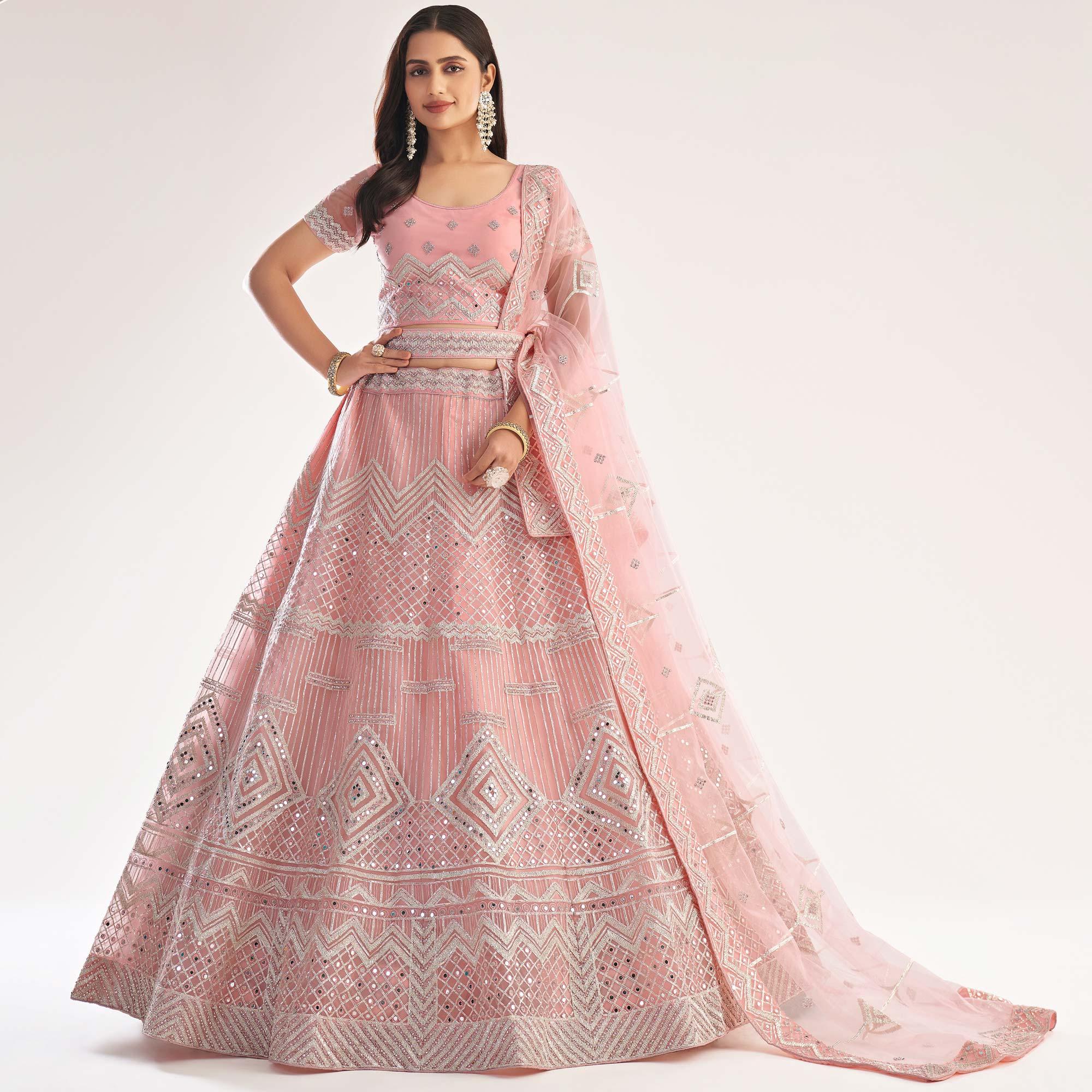 Baby Pink Wedding Wear Embellished Heavy Butterfly Net Lehenga Choli - Peachmode