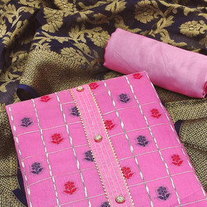 Baby Pink Woven Banarasi Silk Dress Material - Peachmode