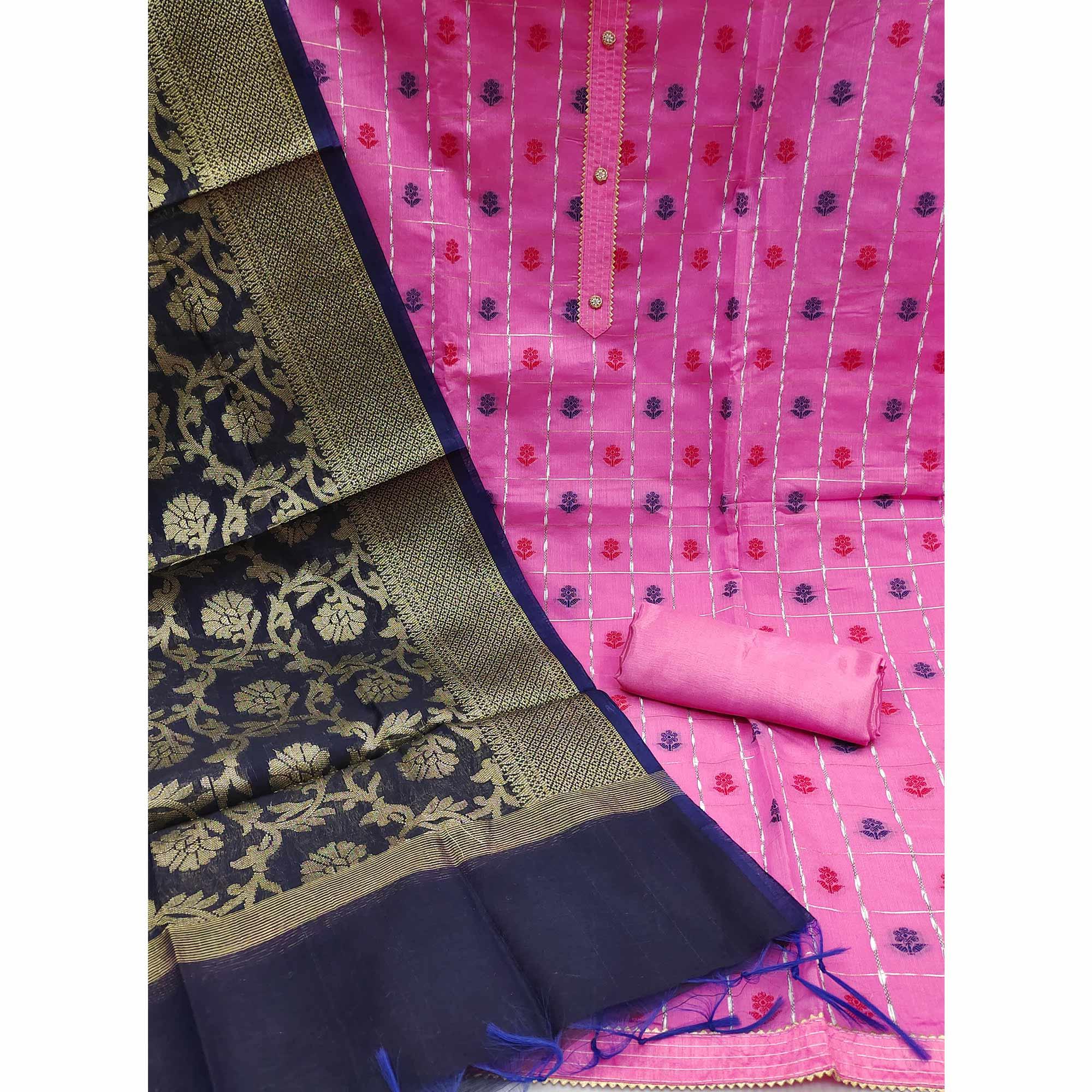 Baby Pink Woven Banarasi Silk Dress Material - Peachmode