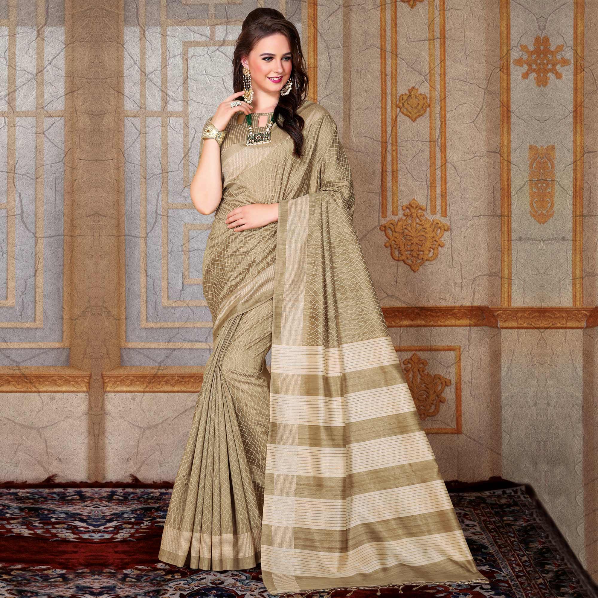 Beautiful Beige Colored Festive Wear Printed Bhagalpuri Silk Saree - Peachmode