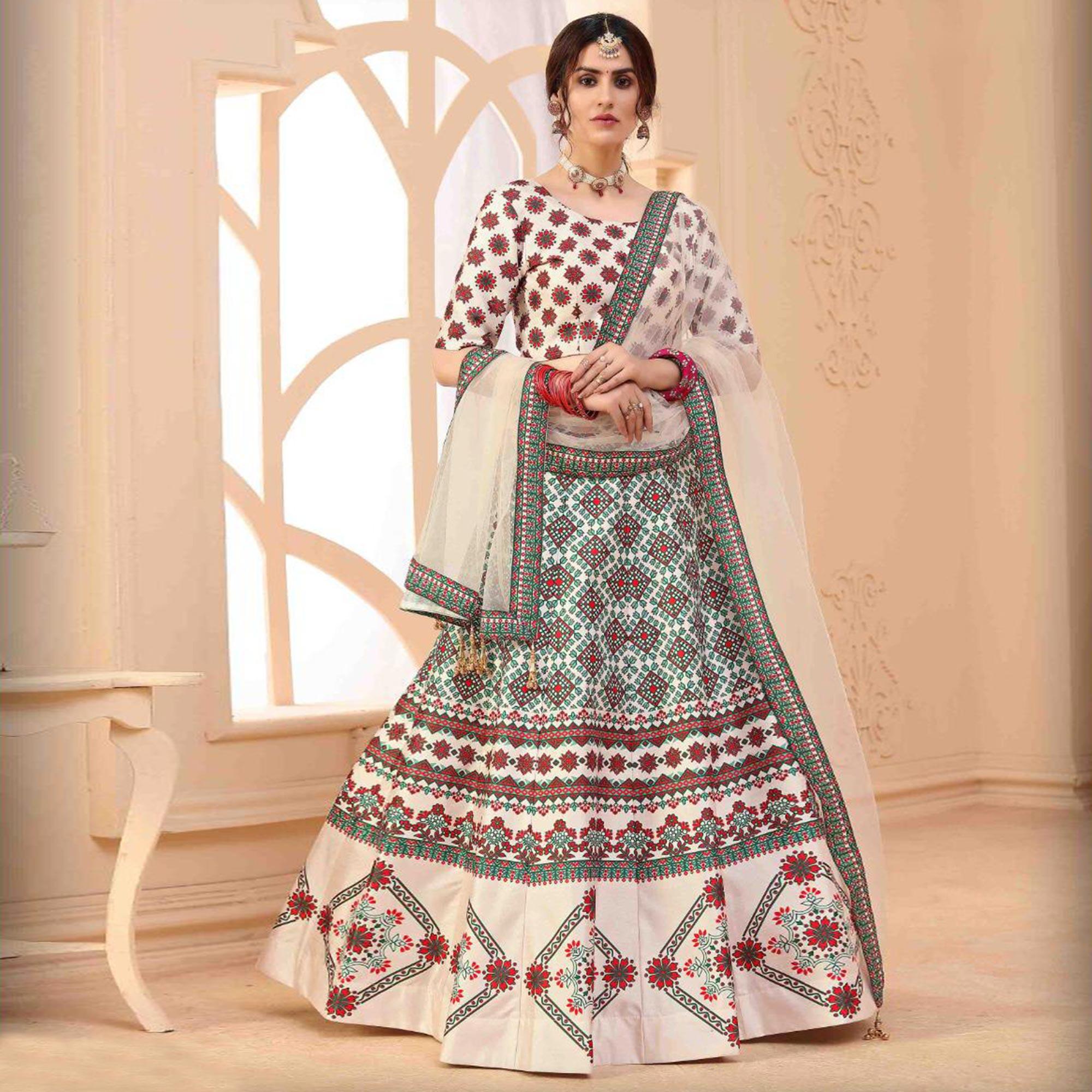 Beautiful Beige Coloured Partywear Digital Printed Art Silk Lehenga Choli - Peachmode