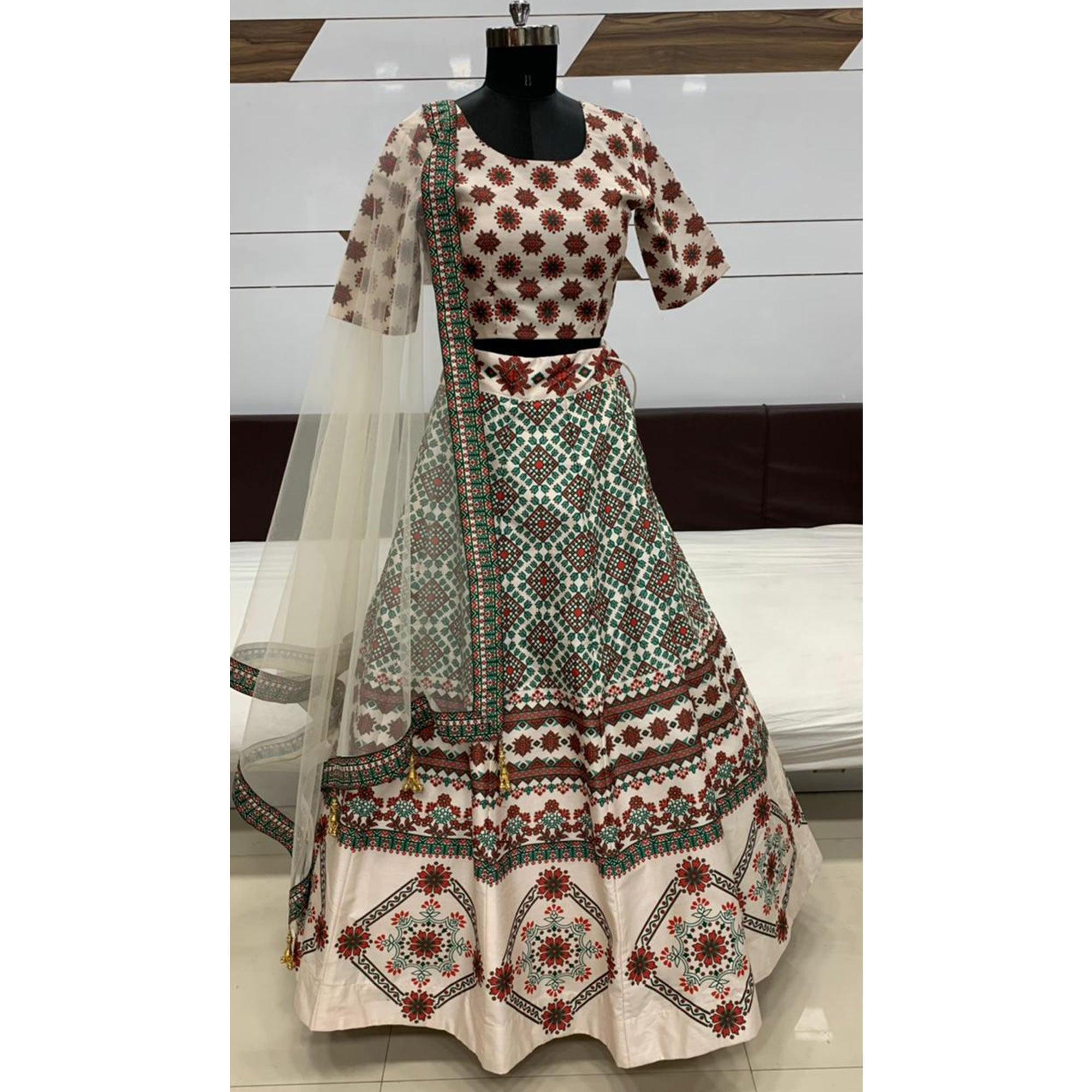 Beautiful Beige Coloured Partywear Digital Printed Art Silk Lehenga Choli - Peachmode