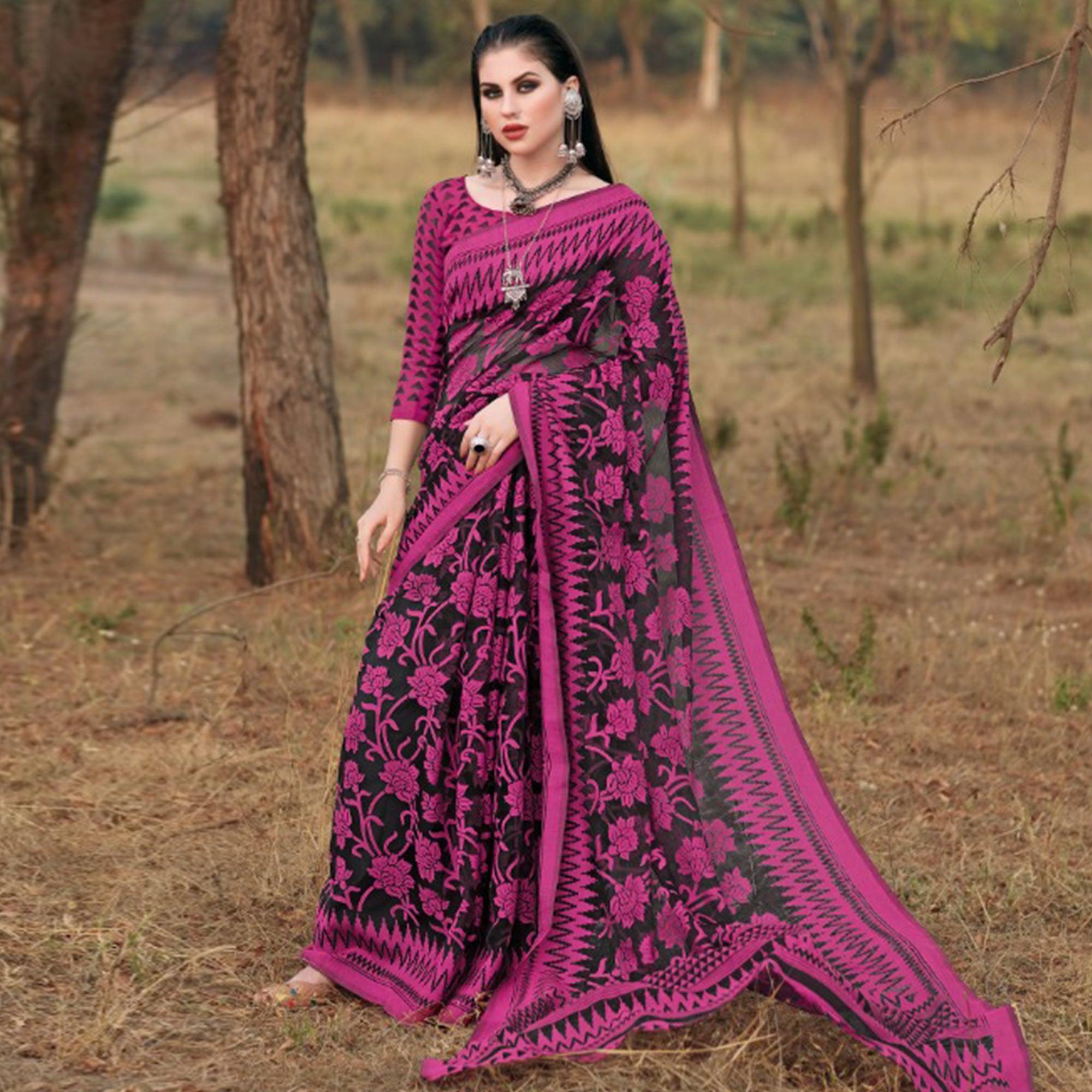 Beautiful Black & Pink Colored Casual Wear Printed Brasso Saree - Peachmode