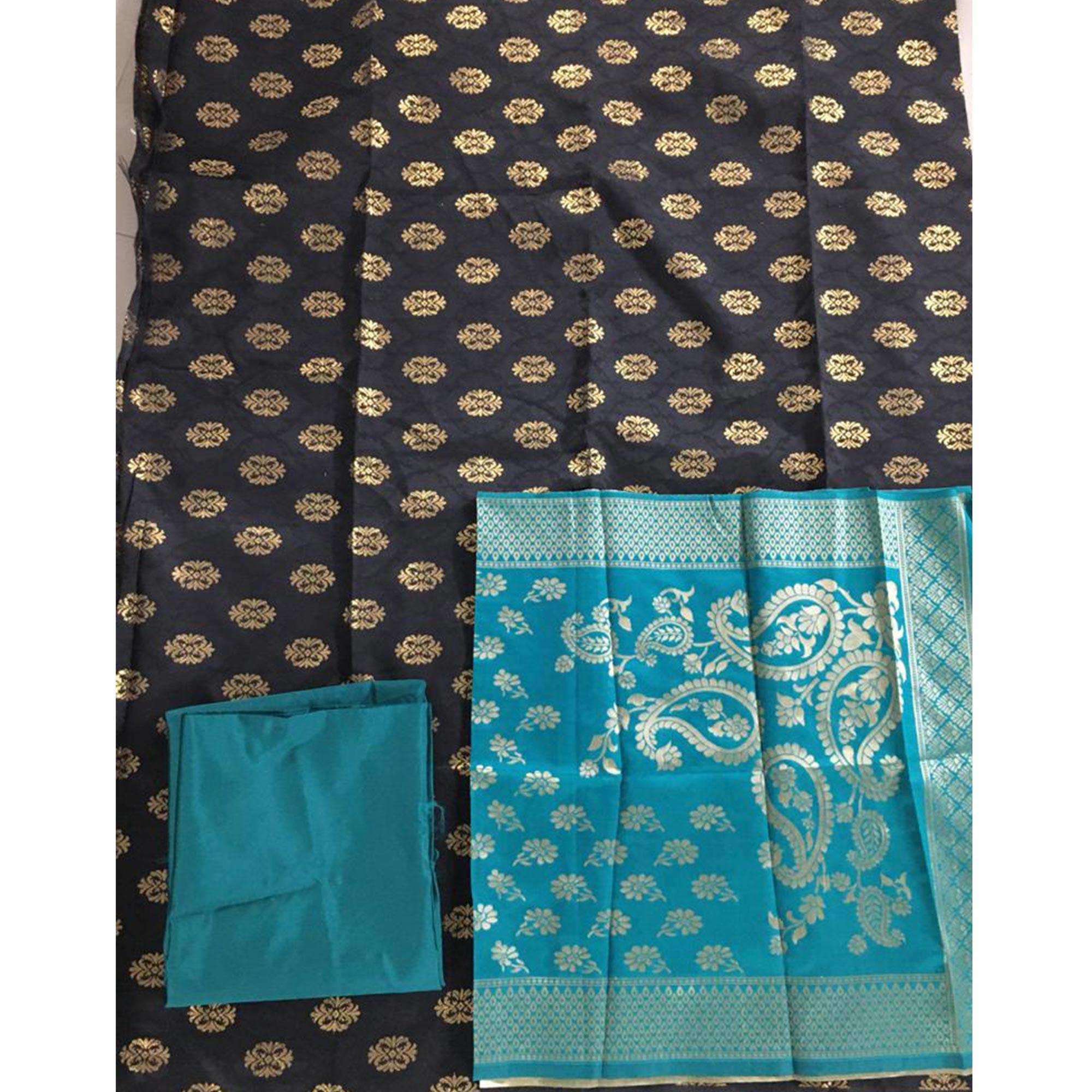 Beautiful Black Colored Casual Wear Banarasi Silk Dress Material - Peachmode