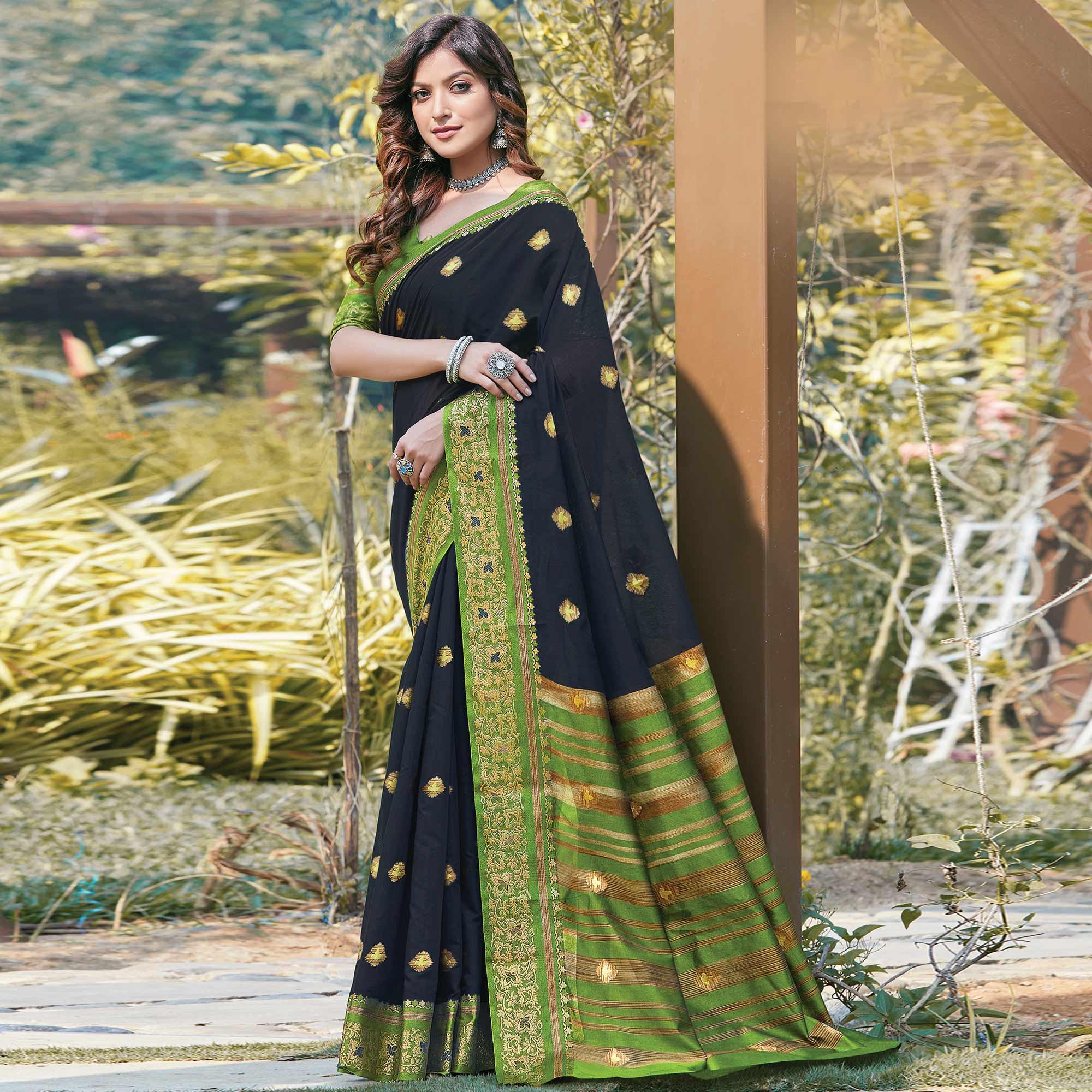 Beautiful Black Colored Festive Wear Woven Cotton Saree - Peachmode