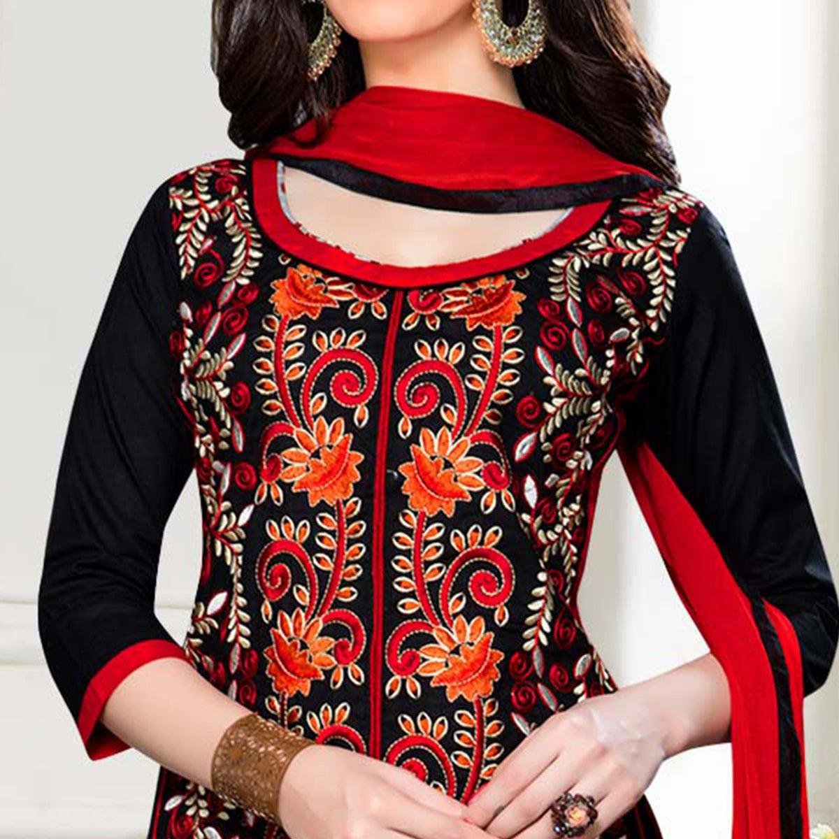 Beautiful Black - Red Colored Casual Wear Embroidered Cotton Dress Material - Peachmode