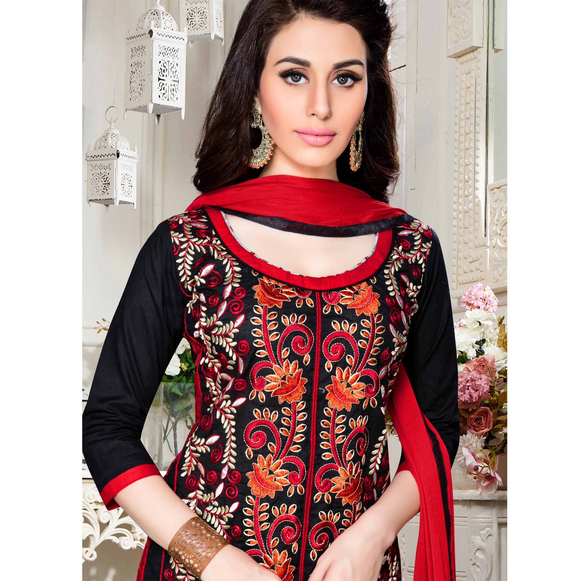 Beautiful Black - Red Colored Casual Wear Embroidered Cotton Dress Material - Peachmode
