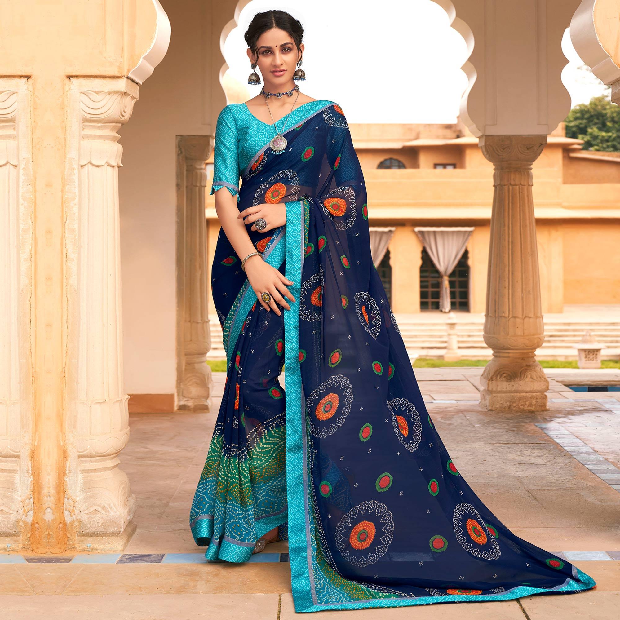 Beautiful Blue Colored Casual Wear Bandhani Printed Georgette Saree - Peachmode