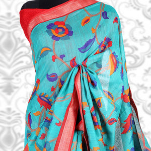 Beautiful Blue Colored Casual Wear Printed Cotton Silk Saree - Peachmode
