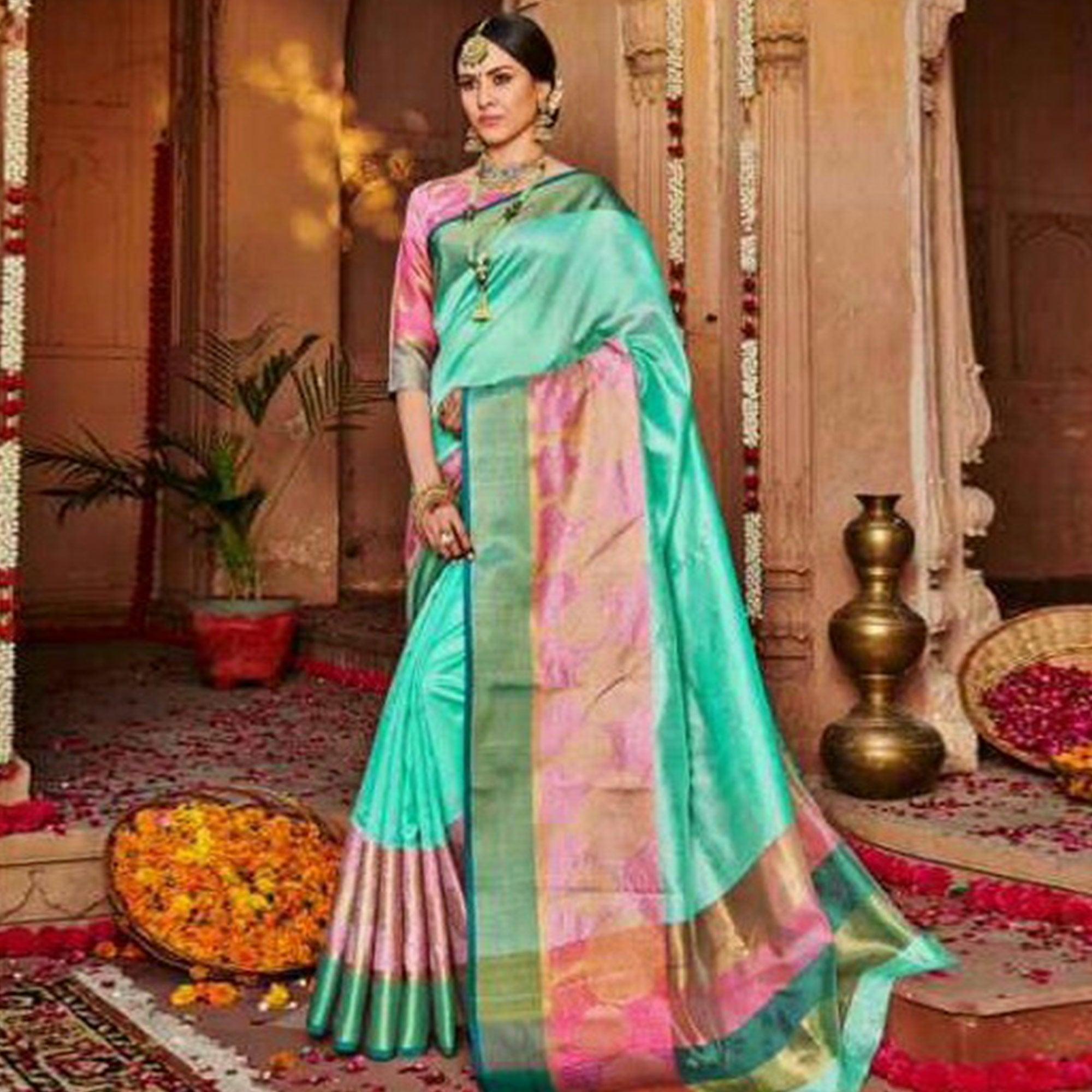 Beautiful Blue Colored Festive Wear Woven Art Silk Saree - Peachmode