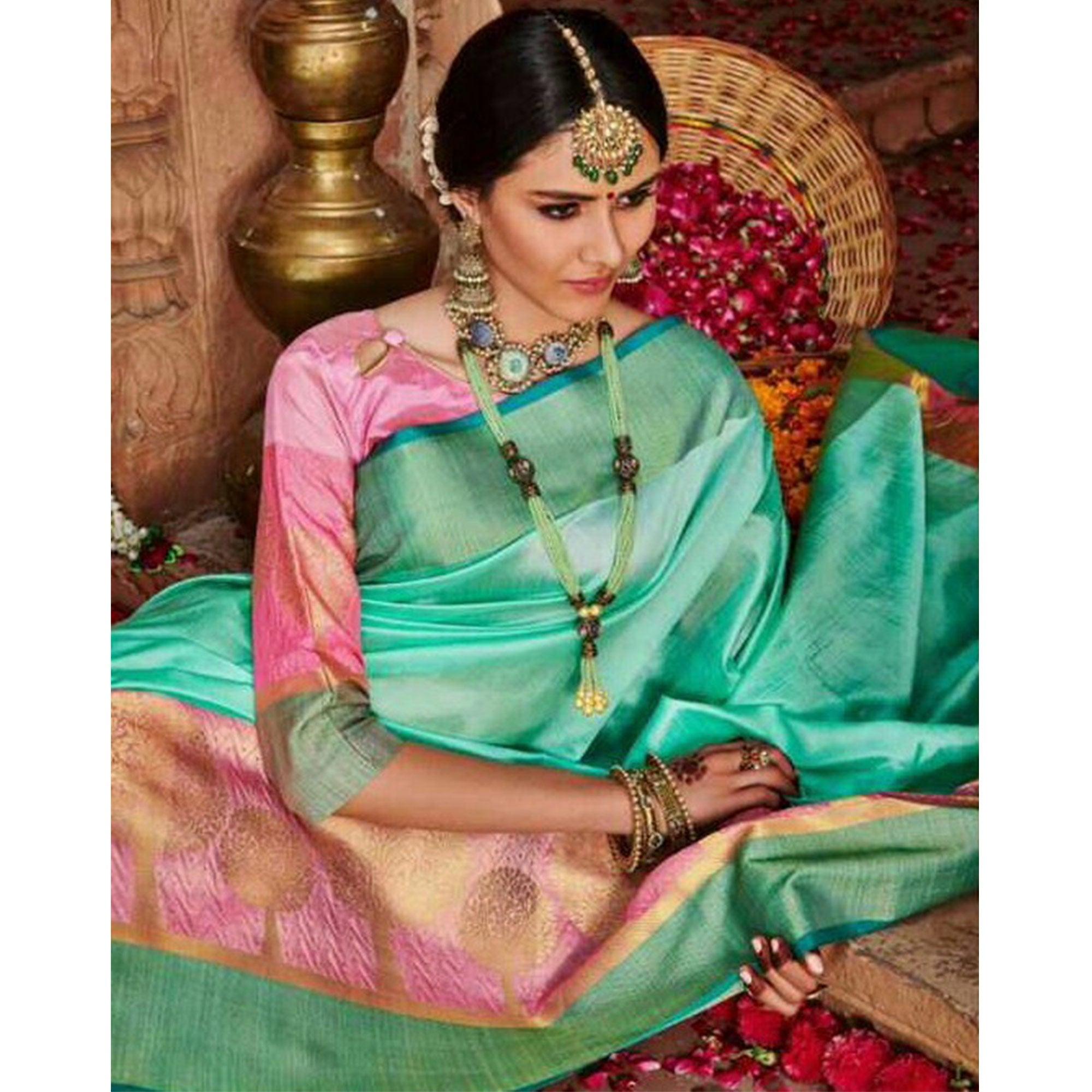 Beautiful Blue Colored Festive Wear Woven Art Silk Saree - Peachmode