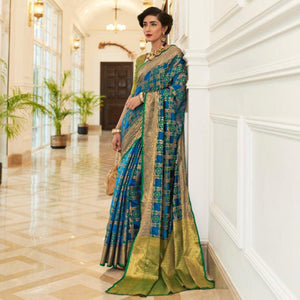 Beautiful Blue Coloured Festive Wear Indian Patola Woven Silk Saree - Peachmode