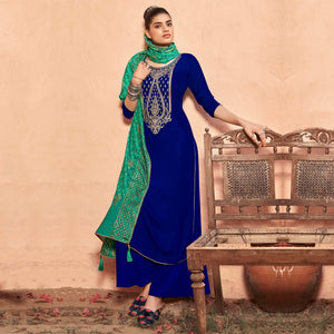 Beautiful Blue Coloured Partywear Embroidered Velvet Dress Material - Peachmode