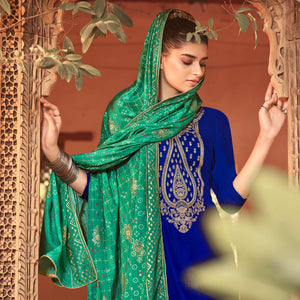 Beautiful Blue Coloured Partywear Embroidered Velvet Dress Material - Peachmode