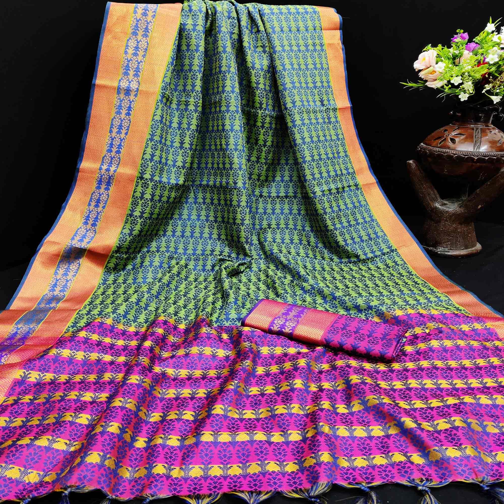 Beautiful Blue-Green Colored Festive Wear Woven Jacqaurd Silk Saree - Peachmode
