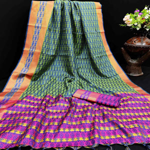 Beautiful Blue-Green Colored Festive Wear Woven Jacqaurd Silk Saree - Peachmode