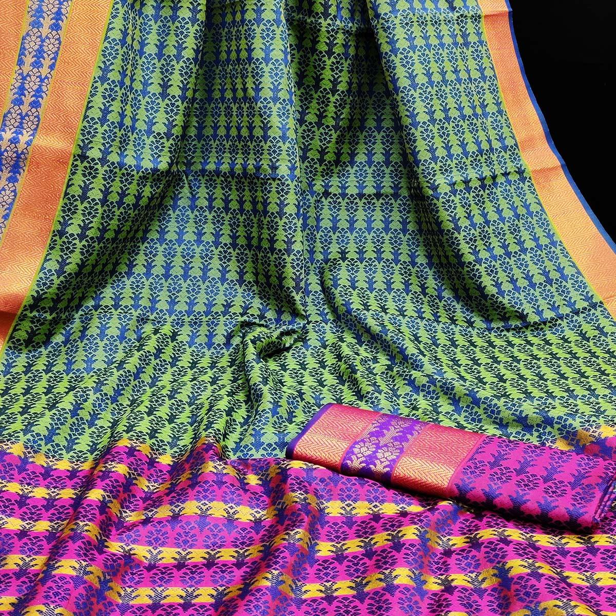 Beautiful Blue-Green Colored Festive Wear Woven Jacqaurd Silk Saree - Peachmode