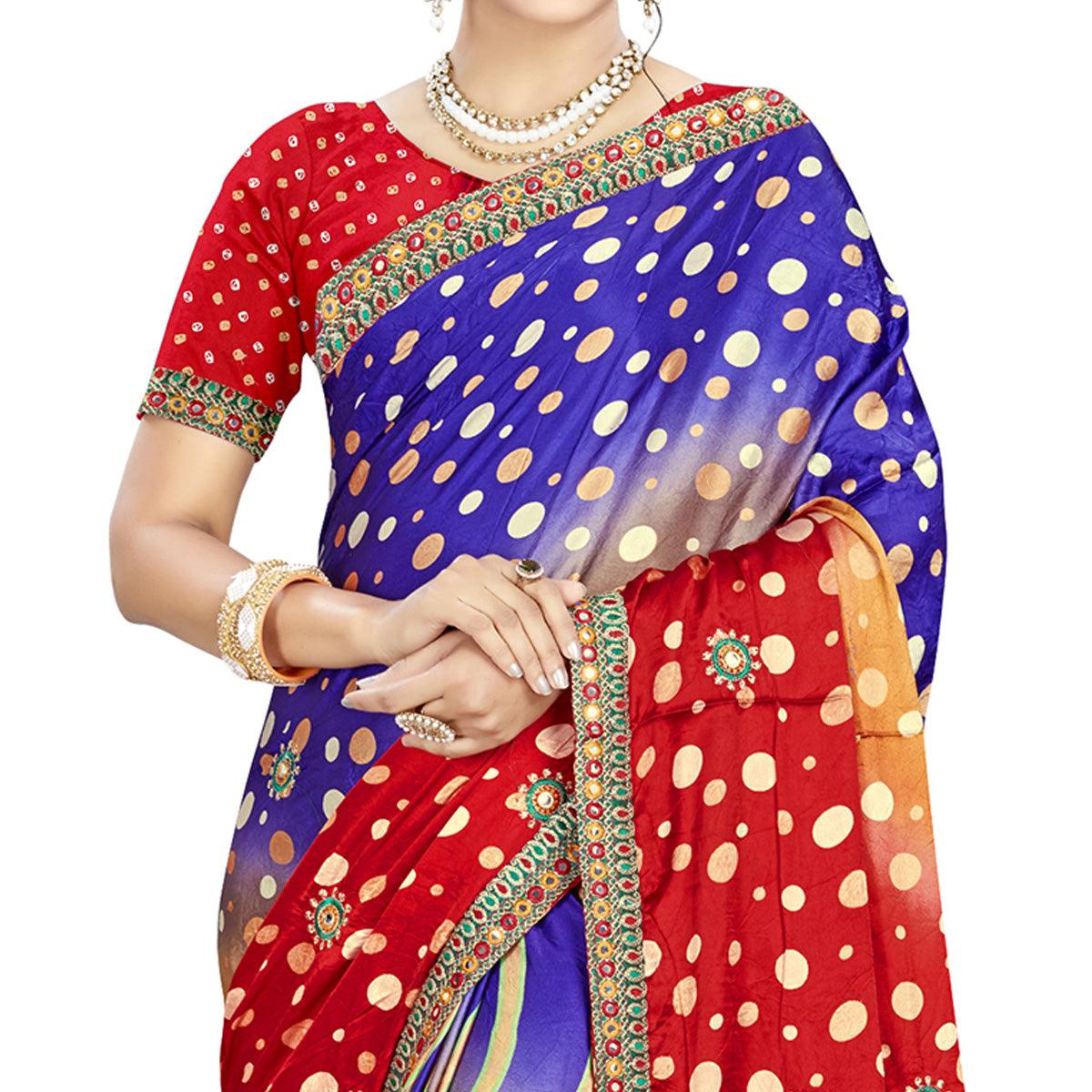 Beautiful Blue - Red Colored Casual Wear Printed Satin Saree - Peachmode