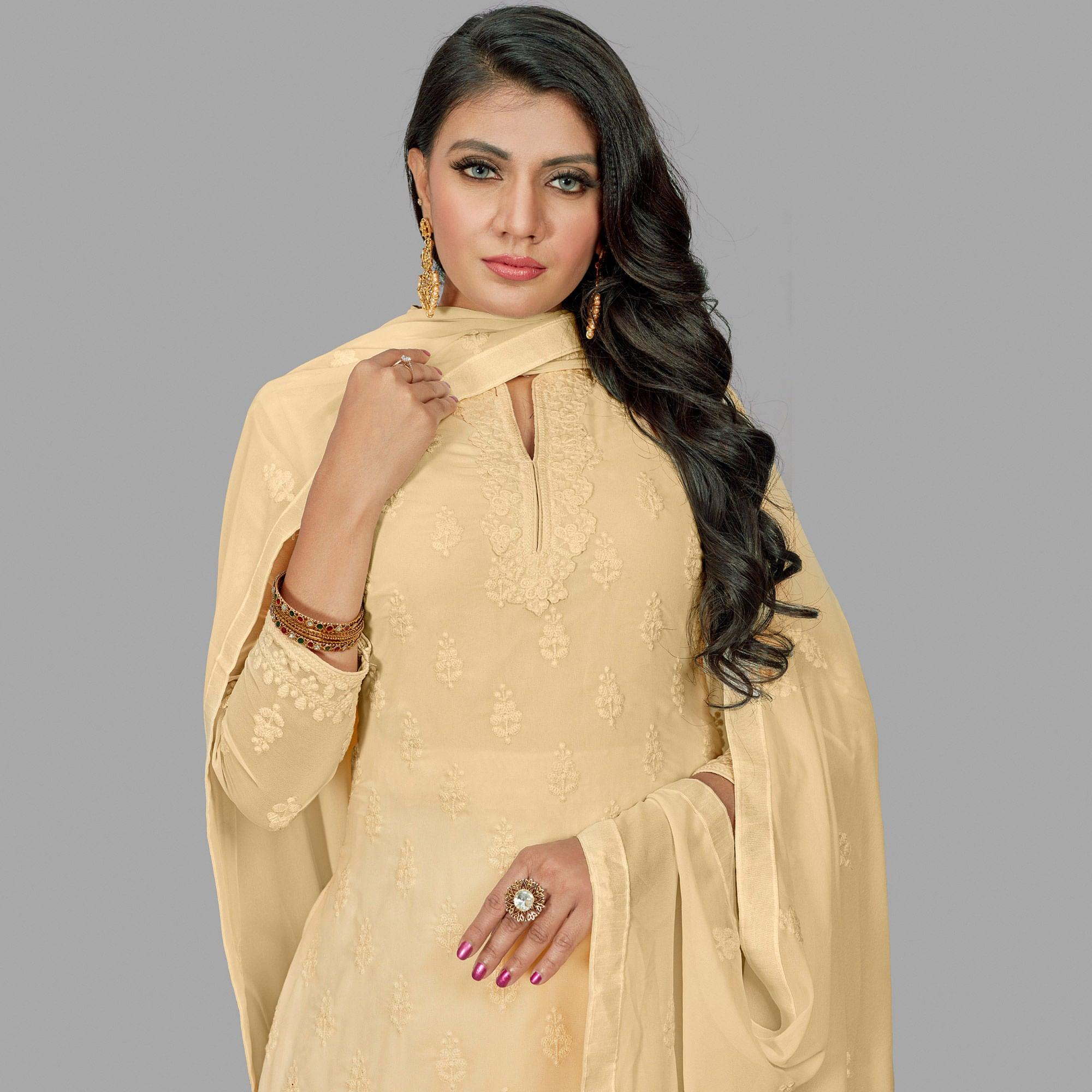 Beautiful Cream Colored Party Wear Embroidered Faux Georgette Palazzo Suit - Peachmode