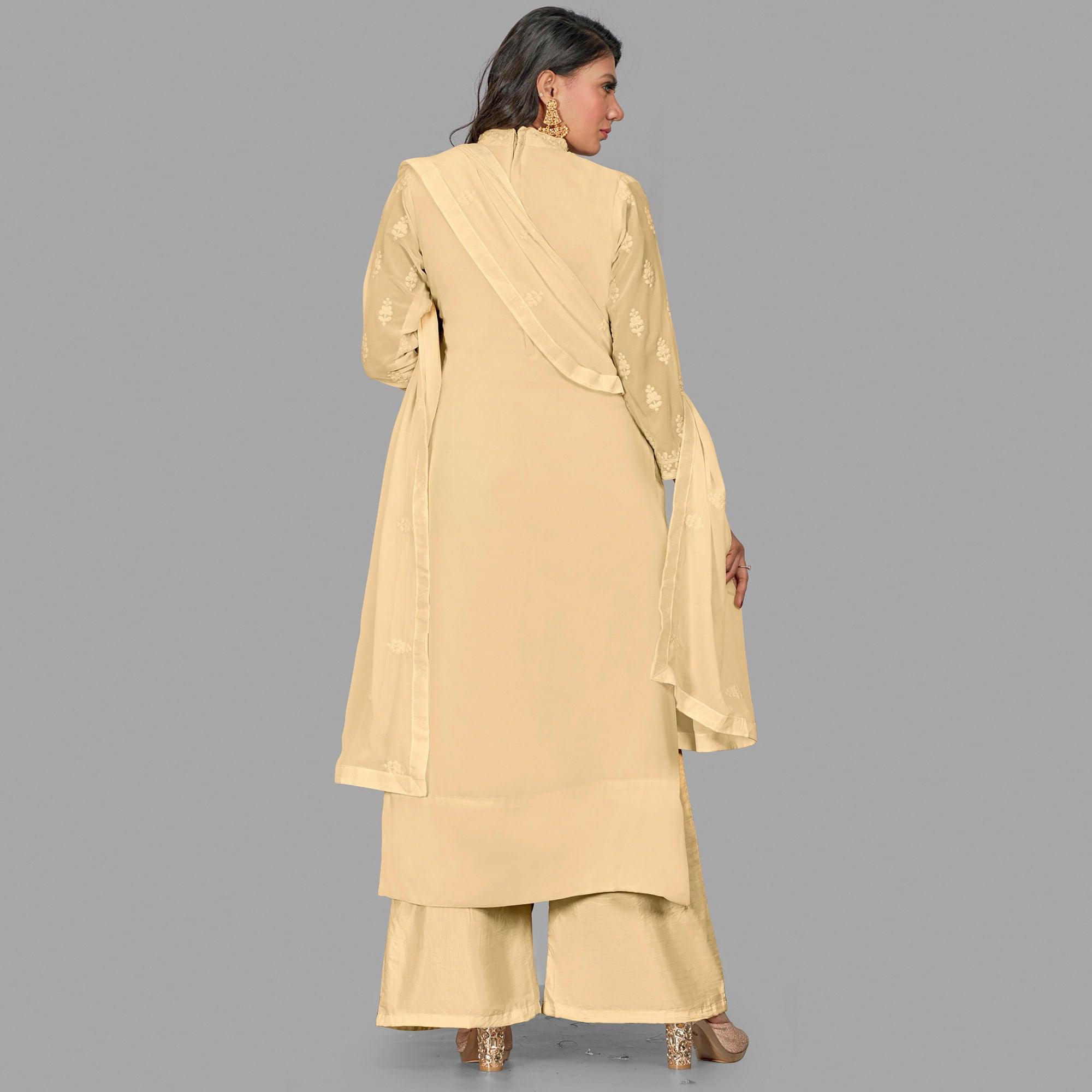 Beautiful Cream Colored Party Wear Embroidered Faux Georgette Palazzo Suit - Peachmode