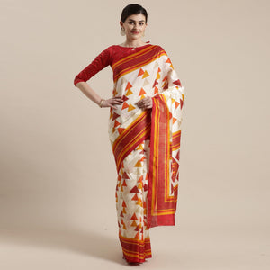 Beautiful Cream-Red Colored Festive Wear Geomatric Foli Print Patola Silk Saree - Peachmode