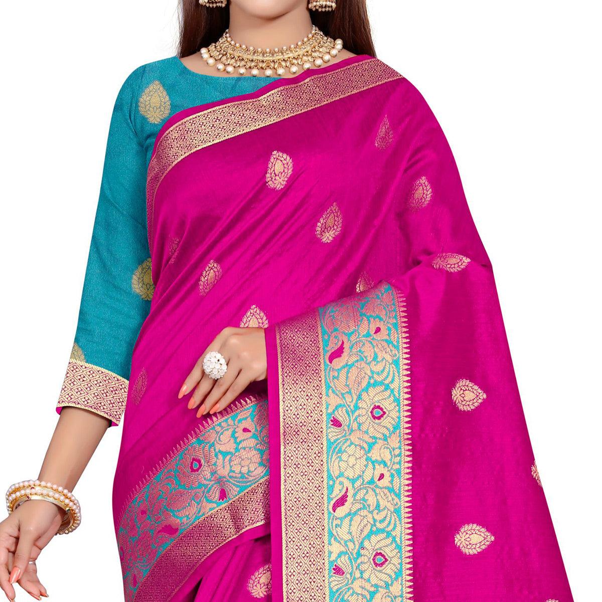 Beautiful Dark Pink Colored Festive Wear Woven Art Silk Saree - Peachmode